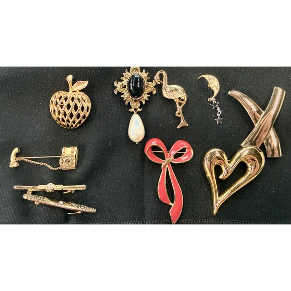 Vintage Avon Gold Tone Pin LotApple Heart Bow Flamingo Moon Star